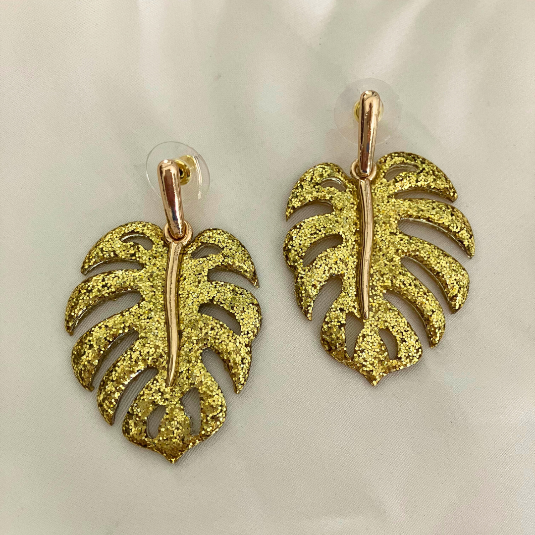 Golden Monstera Dangle Earrings